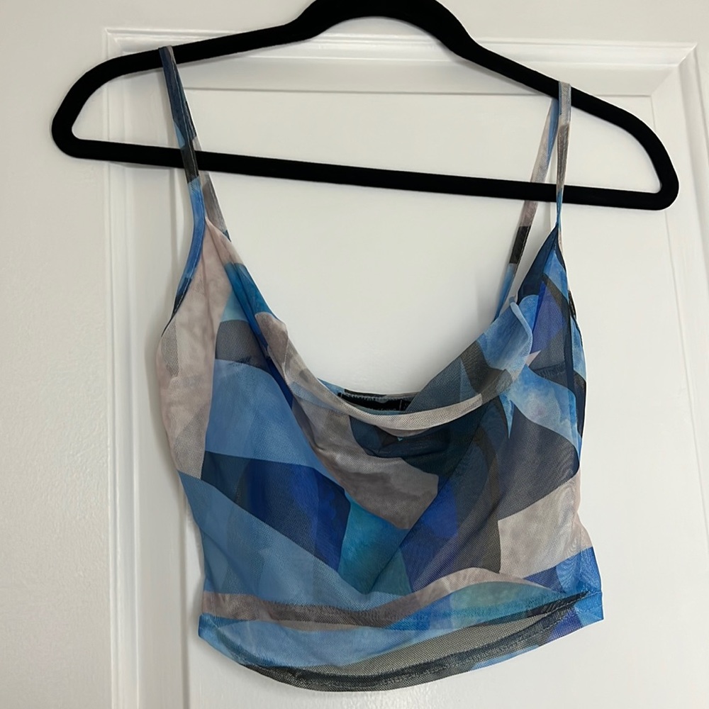 Multicolored blue mesh cami top